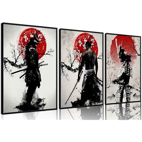 GXYARTB 3Pcs Japanese Wall Art Armored Samurai Pictures Ink Paintings Japanese art Character Canvas Prints Asian Cherry Blossom Posters for Room Office Bathroom Home Wall Decor Unframed Cover