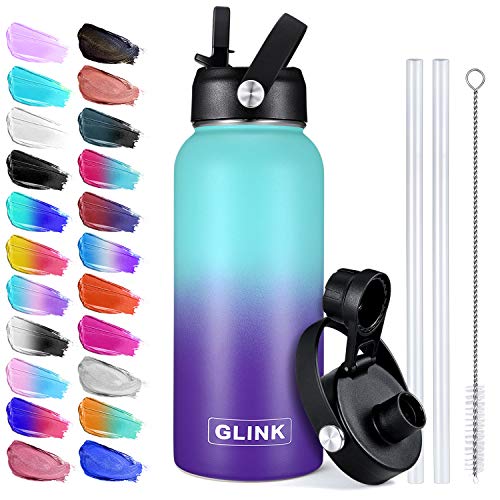 GLINK Stainless Steel Water Bottle with Straw - 32 oz Wide Mouth Double Wall Vacuum Insulated Water Bottle Leakproof, Straw Lid and Spout Lid with New Rotating Rubber Handle - Aurora