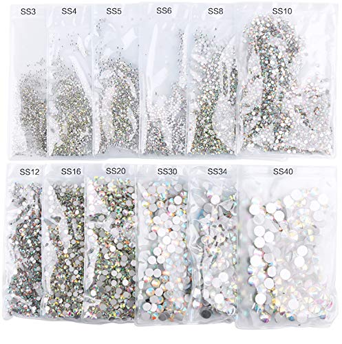 PrettyG 9 Packs Set with SS3 SS4 SS5 SS6 SS8 SS10 SS12 SS16 SS20 1440PCS/Pack Nail Crystals AB Coating Nail Art Sparkly Round Flatback Rhinestones, Non-Self-Adhesive AB-S3S20