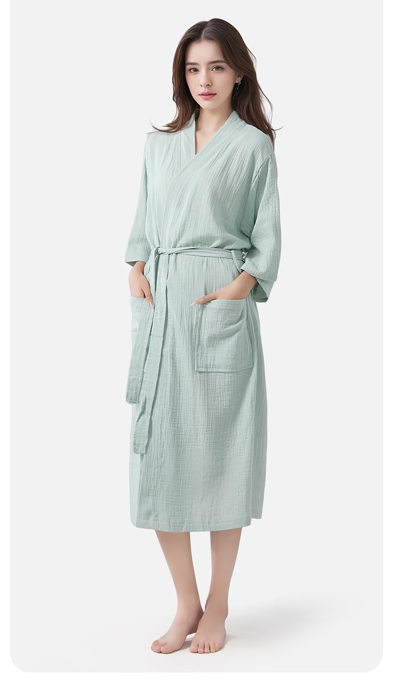 LUKX Morgenmantel Damen Leicht,Baumwoll-Leinen-Bademantel Salbeigrün Schlichter Kimono Robe V-Ausschnitt Morgenmantel Leichtes Kurzes Nachthemd Braut-Morgenmantel Nachtwäsche Bademantel Damen
