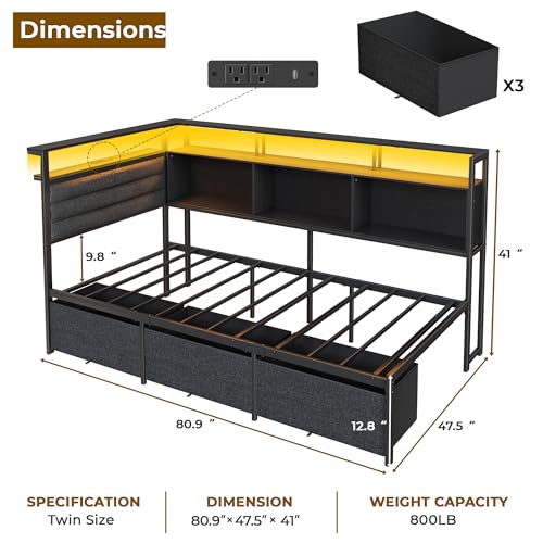 Image of OURPIC Corner Bed Frame with Storage Bookcase and LED Lights, Twin Size Bed Frames with Upholstered Headboard and Charging Station, Twin Daybed with 3 Storage Drawers, Black