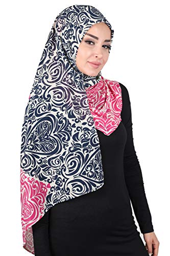 Aisha's Design Chiffon Hijab Scarf for Women Muslim, Presewn Instant Turban Shawl, Navy Blue - Fuchsia4