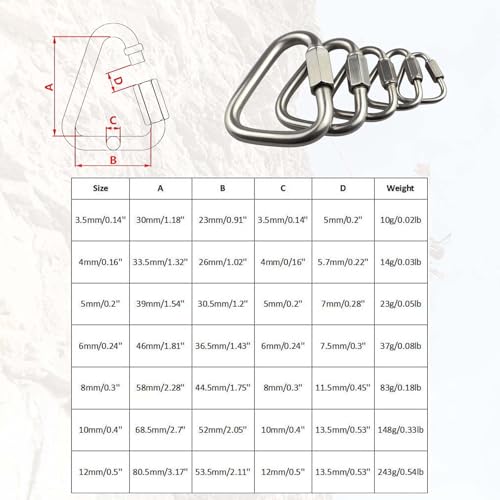 Edelstahl-Karabiner-Clip, dreieckige Karabinerschnalle, Schnellverbindung, strapazierfähig, für Camping, Wandern, Reisen, Angeln, Rucksack (6 mm)
