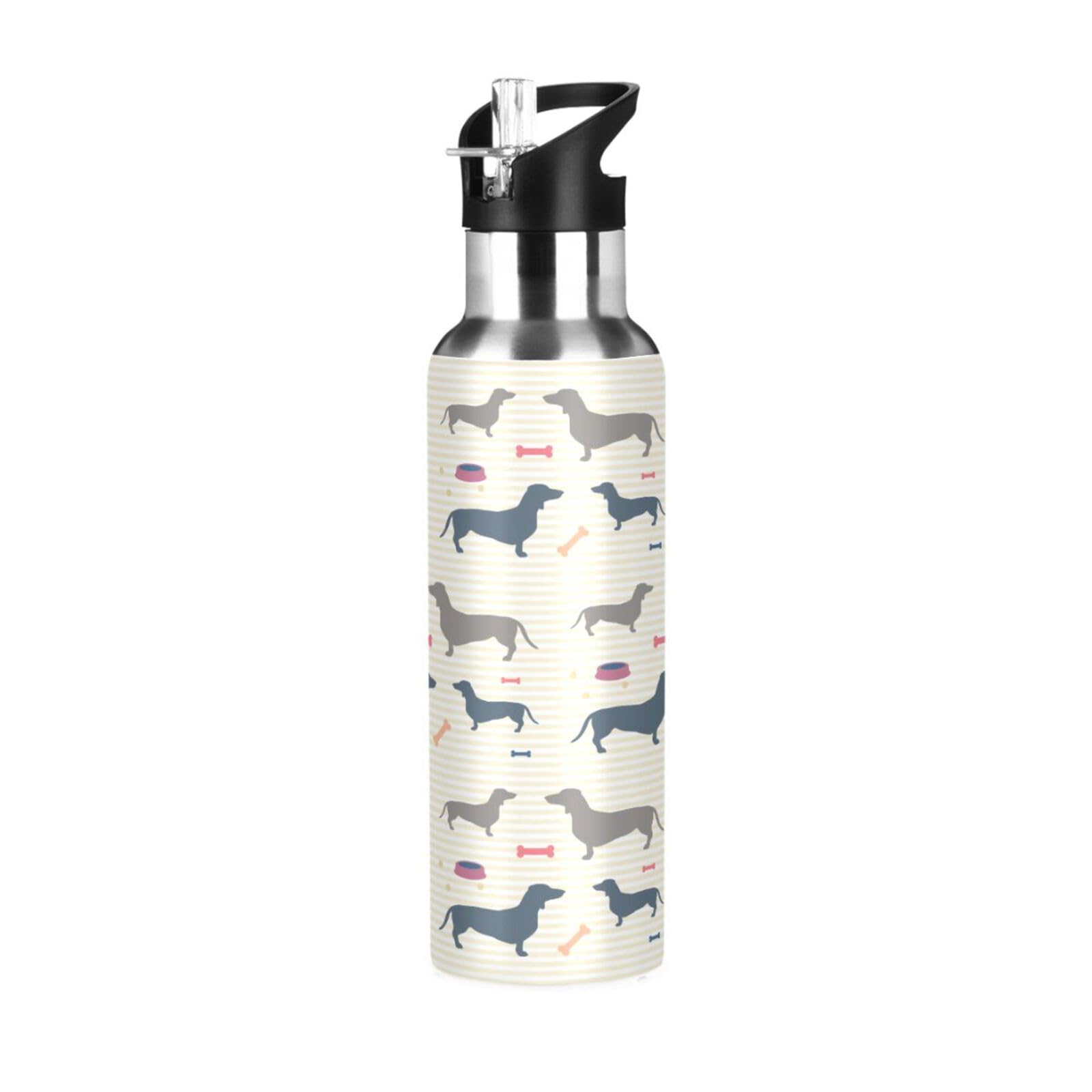 Botella de agua con pajilla a prueba de fugas, lindo perro salchicha, botella aislada al vacío para niñas y niños, deportes, 600 ml