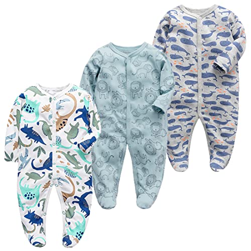 Monvecle 3pcs Newborn Infant Footie Baby Cotton Bodysuit Pajamas Jumpsuit Blue Print 3M