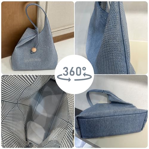Perforated Denim Tote Bag for Women - Large Capacity Hobo Handbag with Wooden Charm & Inner Pouch4
