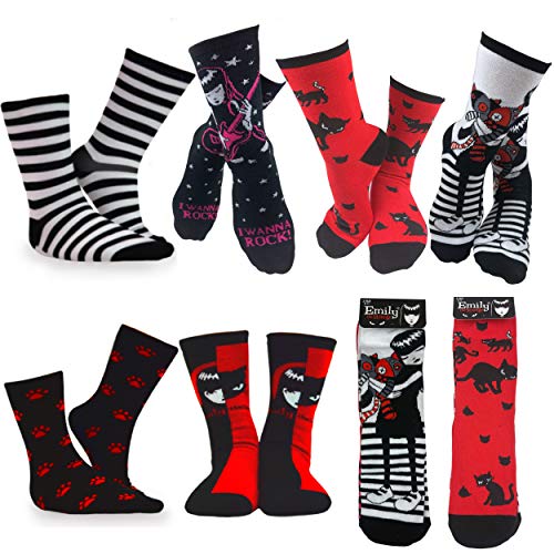DooleUs Girl's Emily the Strange Fun Colorful Patterns Fashion Crew Socks - 6 Pairs2