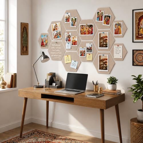Image of Quiet Canvas Hexagon Pinboard, 1x1 ft, Pack of 8, 50 PushPins, (Sand)