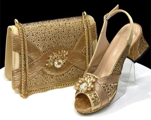 Women Gold Open Toe Heels and Handbag Set Diamonds Italian Style Shoes for Wedding Party Matching2