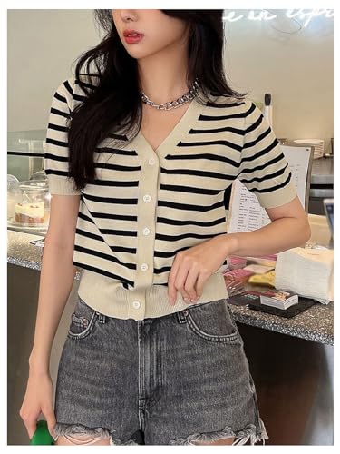 Image of GORGLITTER Women's Striped Short Sleeve Cardigan V Neck Open Front Button Down Sweaters Black and Apricot Medium