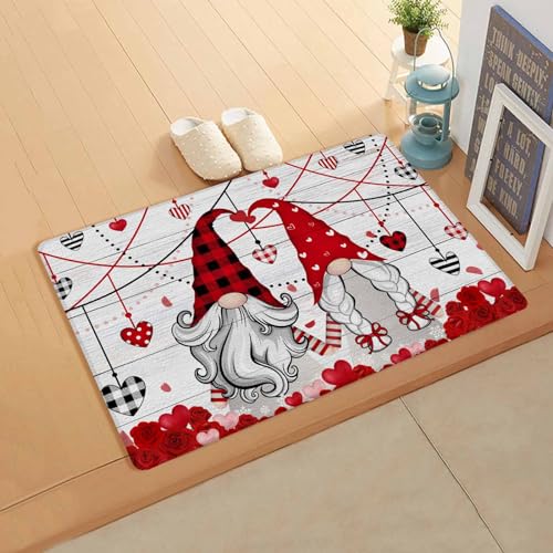 Valentine's Kitchen Bath Door Mat Cushioned Runner Rug,Washable Welcome Floor Sink Antifatigue Mat,Waterproof & Non-Slip Comfort Standing Doormat for Kitchen,Gnomes Love Rose Flower Woodgrain 24