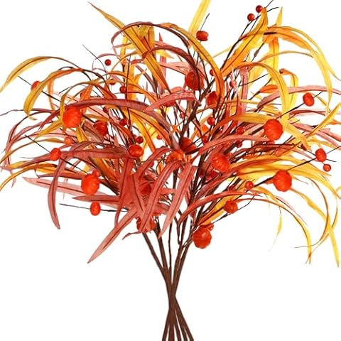 Woosir 6Pcs Thanksgiving Artificial Fall Leaves Berry Pumpkins Stems Fall Floral Picks for Floral Arrangements Fall Foliage Stems Autumn Thanksgiving Home Table Centerpiece Decorations Cover