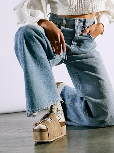 MICIFA Women's Cork Platform Sandals Suede Buckled Flatform Slides Sandals Comfort Footbed Clogs Slides Tan3