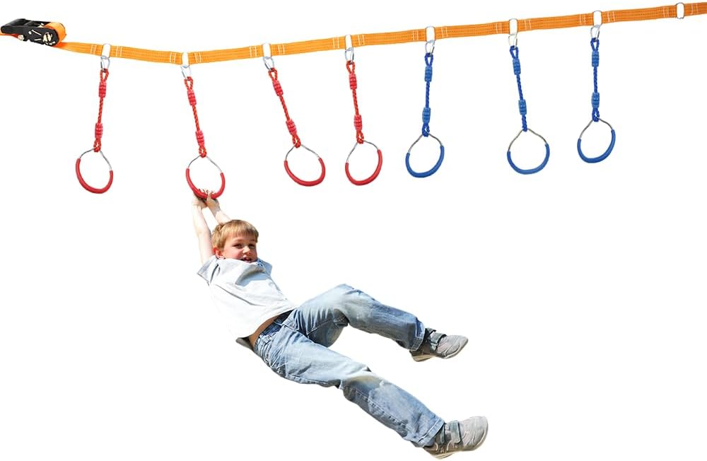 Ninja Ring Backyard Gymnastic Fitness Fist Outdoor Jungle Gym Play Set Playground Training Equipment, 8 Blue Swing Monkey Bar Hang Climbing Ring Warrior Obstacle Course Trapeze Slackline Attachments
