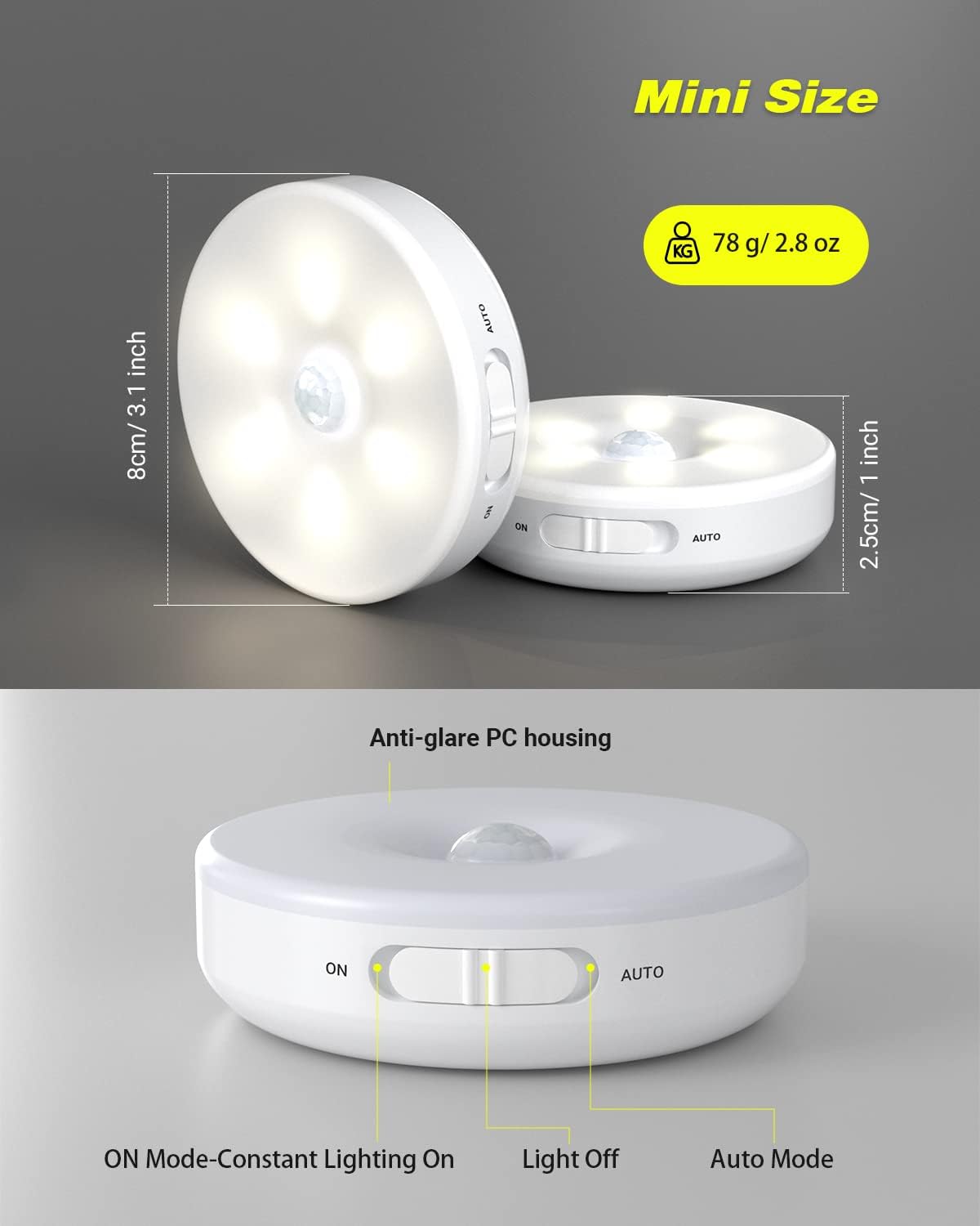 Motion Sensor Night Light Indoor, Rechargeable Small Led Closet Light, Wireless Activated Sensored Smart Cabinet Lights for Under Cabinet, Hallway, Stairway, Kitchen(Warm White, 3Pack)