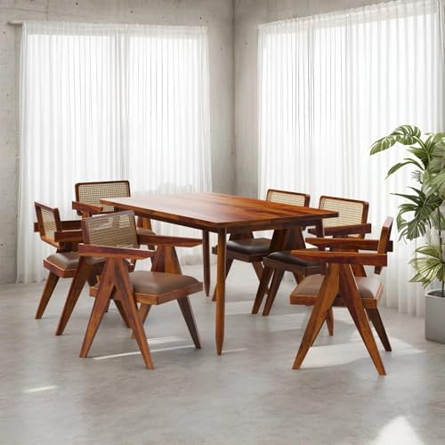 Image of Wooden Dining Table Set with 6 Chairs, Natural Oak, Rectangular, Modern Style, Cane Back Chairs with Cushions (Table (150 cm x 90 cm Cushion Couler Valvet)