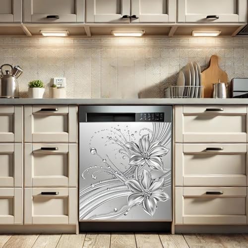 Image of Silver Floral Dishwasher Magnet Cover for Washers Fridge Cover Panel Decal Home Kitchen Decor,Washing Machine Cabinet Reusable Dishwasher Covers,26 x 23 inch