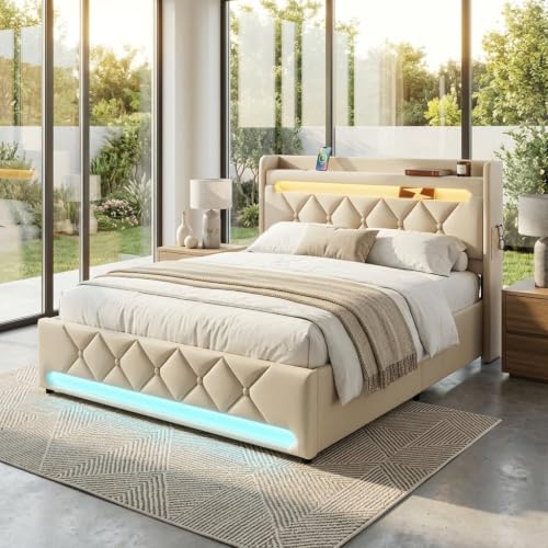 Image of AUDREAMY Lancaster Ottoman Bed Beige Linen Double