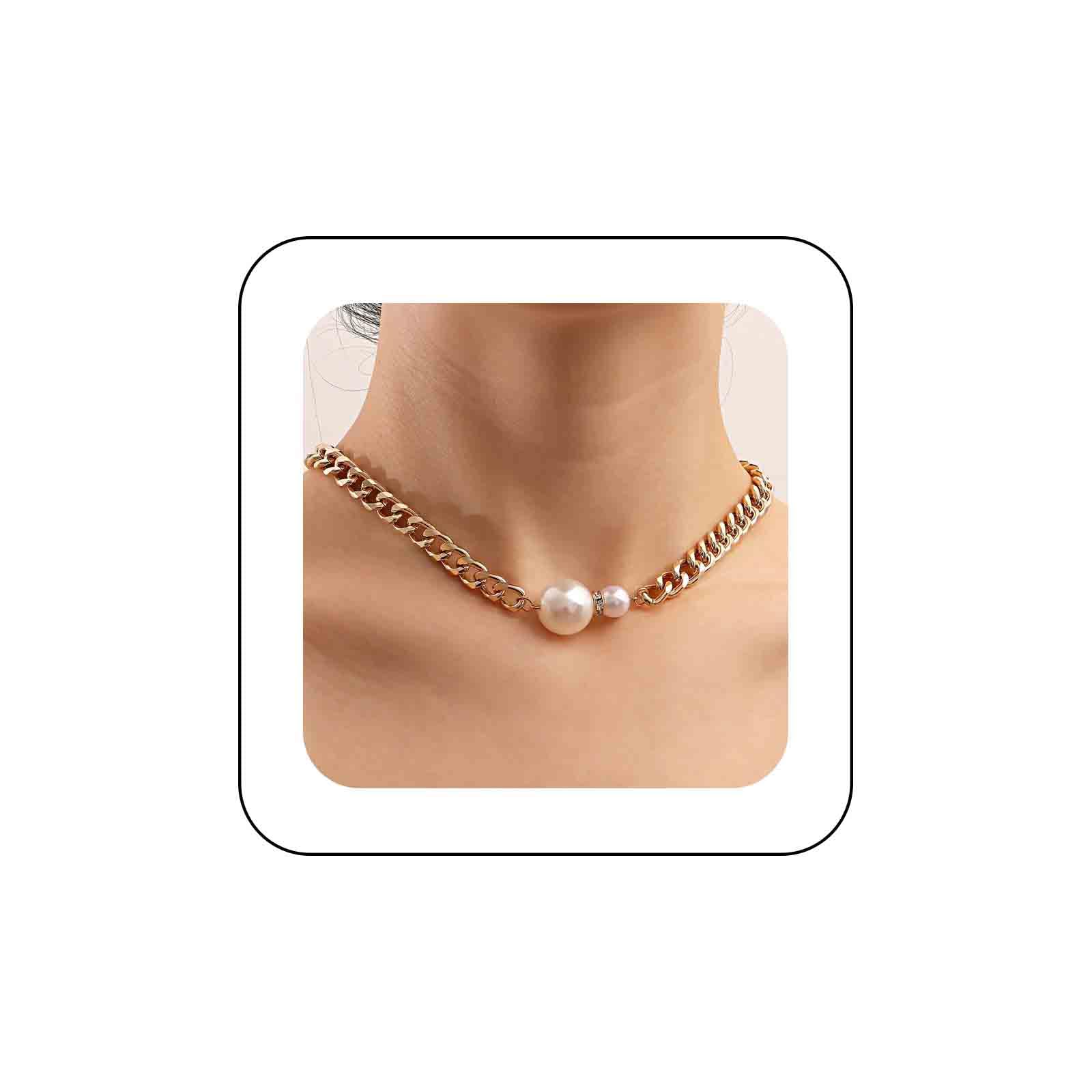 Sttiafay Punk Cuban Pearl Chain Necklace Big Pearl Choker Necklace Gold Chunky Curb Link Chain Necklace Rhinestone Pearl Necklace Jewelry for Women