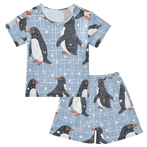 Penguins Blue Lattice Kids Pjs Set Boys Girls Summer Short-Sleeve Sleepwear Pajamas 2PCS