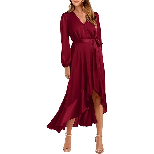 PRETTYGARDEN Women's Fall Dresses Casual Long Sleeve Wrap V Neck Maxi Dress Ruffle High Low Wedding Guest Dress Fall 2023