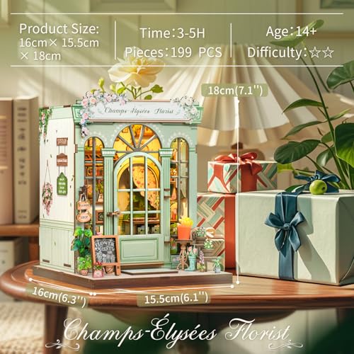 CUTEBEE Book Nook Kit - DIY Miniature House Dollhouse Kit for Adults and Teens, Booknook Tiny House Bookshelf Decor 3D Wooden Puzzle, Gifts for Family, Friends (Champs-Élysées Florist)