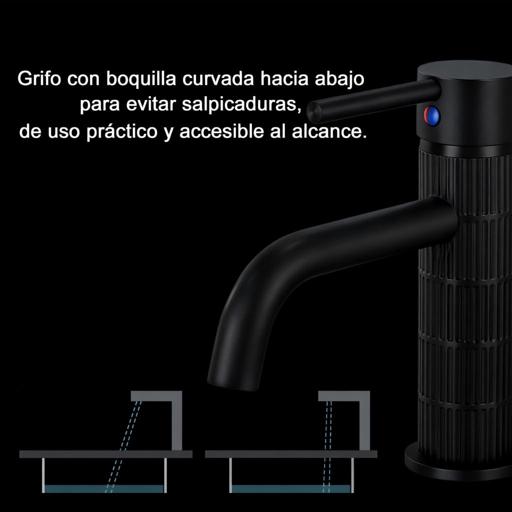 Grifo de lavabo monomando con cuerpo de latón, mezclador para baño, acabado negro mate, cartucho cerámico duradero (Negro mate, Estándar) — view 4