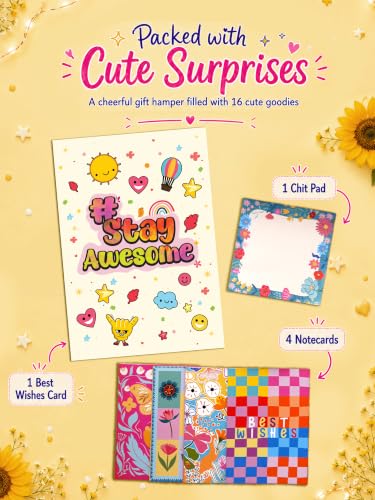 Image of Doodle Magic Moments Gift Hamper for Girls | 16 Cute Goodies with Notebook, Tote Bag, Floral Desk Stand, Stickers, Photo Frame, Scented Candle, Magnets, Key Ring, Pen, Thoughtful Card, Notecards & Chit Pad | Ready-to-Gift Birthday Hamper