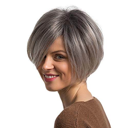 Emmor Short Grey Human Hair Wigs for Women Modern Bob Wig Side Part Dark Root,Natural Daily Use Hair