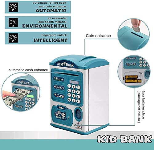 Image of Electric ATM Piggy Bank for Kids with Password Protection and Finger Sensor, Auto Roll Money Notes - Blue, Modern