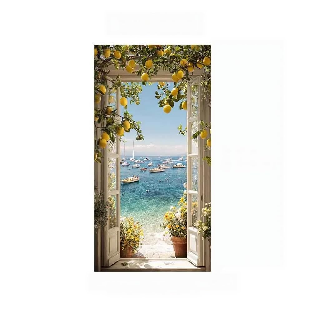 Dittelle Leinwandbild mit Amalfi-Küste-Fensteroptik, italienischer Zitronenbaum mit Blick auf den mediterranen Hafen, Wandbild für das Wohnzimmer (70 x 145 cm/rahmenlos)