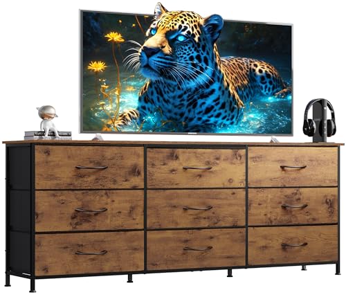 WLIVE 63''W TV Stand for 65, 70, 75 inch TV, Large Entertainment Center with 9 Fabric Drawer, TV Media Console Table with Wood Top, Adjustable Feet for Living Room, Hallway, Rustic Brown