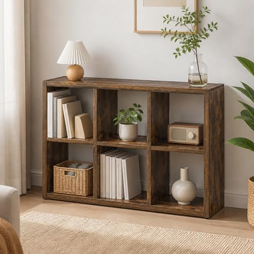 6-Cube Cubicle Bookshelf, Cube Bookcase with Open Back, Reversible Book Shelf, Cube Storage Organizer, 15 x 44 x 30, for Living Room, Home Office, Amber Pine