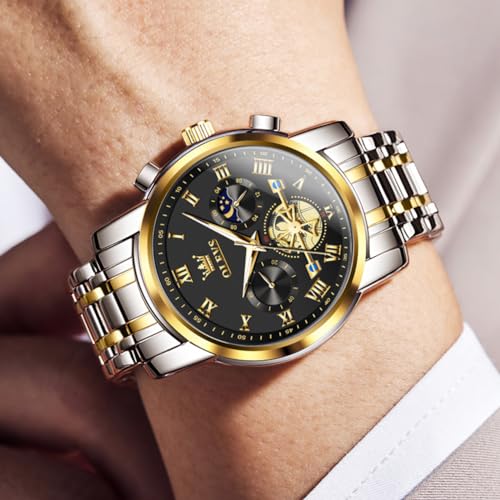 Image of OLEVS Watches for Men Chronograph Business Wrist Watches Analog Quartz Moon Phase Stainless Steel Waterproof Luminous Dress Watches