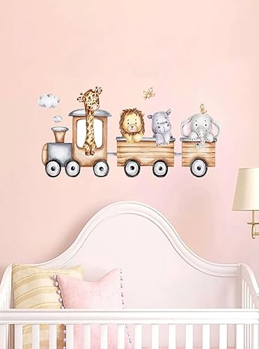 Miniatura 3 de Calcomanías de pared de tren de acuarela de animales, león, hipopótamo, elefante, jirafa, calcomanías de pared removibles para habitación de niños,