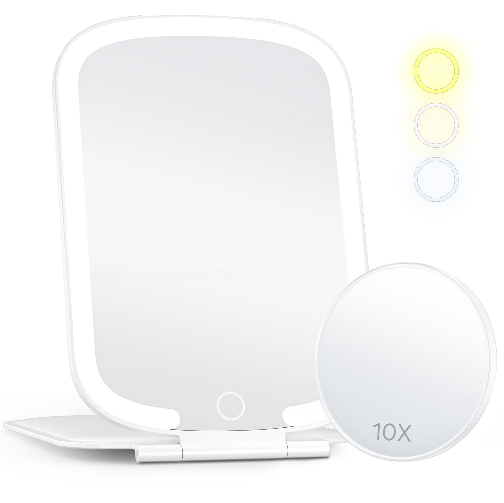 Photo 1 of Makeup Mirror - Travel Makeup Mirror With Light, Touch Screen 3 Colors Dimmable Lighted Makeup Mirror, 2000 mAh Rechargeable Vanity Mirror, Foldable Portable Makeup Mirror With 10x Magnifying Mirror White