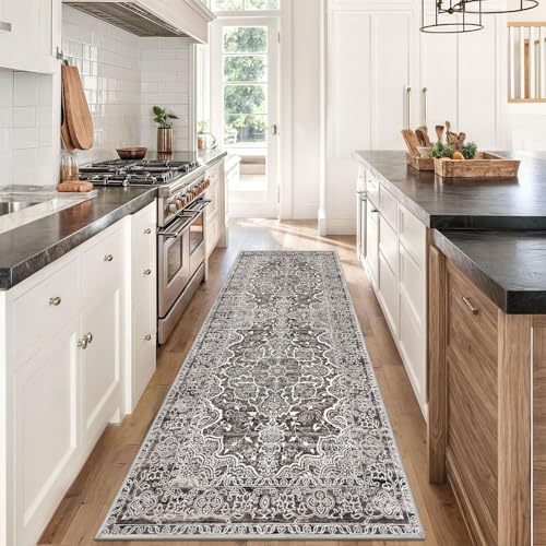 KUTA Vintage Washable Kitchen Runner 3x8, Non Skid Washable 8 ft Runners, Printed Distressed Floral Ultra Soft Carpet for Bedroom Living Room Tan Grey