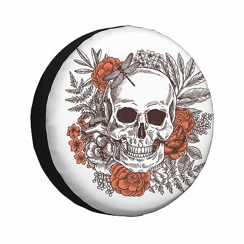Image of Skull and Flowers Spare Tire Cover Dragonfly Tropical Plants Floral Peony Halloween Gothice Weatherproof Universal Wheel Protectors Camper Tire Covers for Trailer Rv Travel(17 inch)