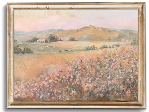 uniro Vintage Wall Art Prints Wildflower Farmhouse Wall Decor, Vintage Landscape Canvas Oil Painting Peach Pink Flowers Mounatin Artwork for Bedroom Nursery Decor (8" x 10"-UNFRAMED)