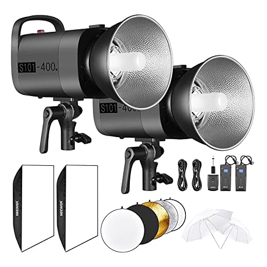 Neewer 500W Studio Strobe Flash Photography Lighting Kit:(2) 250W Monolight,(2) Softbox,(1) RT-16 Wireless Trigger,(2) 33 inches Translucent Umbrella for Video Portrait Location Shooting(N-250W)