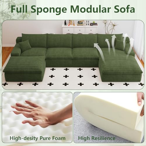 Image of 136 inch Cloud Couch Modular Sectional Sofa for Living Room, U-Shape Boneless Couch with Deep Seat, Modern Corduroy 4-Seater with Ottoman, No Assembly Required (Green,Right-Facing Chaise)