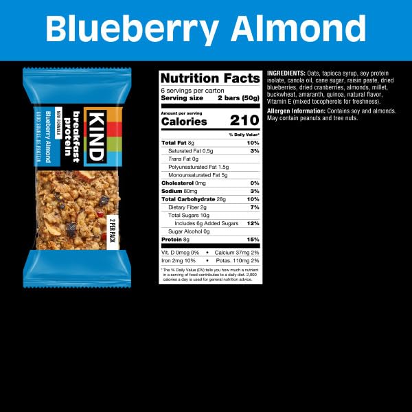 Image of KIND Breakfast Protein Bars, Blueberry Almond, Gluten Free, Low Sodium, Healthy Snacks, 8g Protein, 6 Count (6 Packs of 2 Bars)