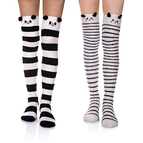 Image of Wander G Womens Over Knee High Fuzzy Socks Cute Cartoon Thigh High Stockings Warm Stripe Leg Warmers