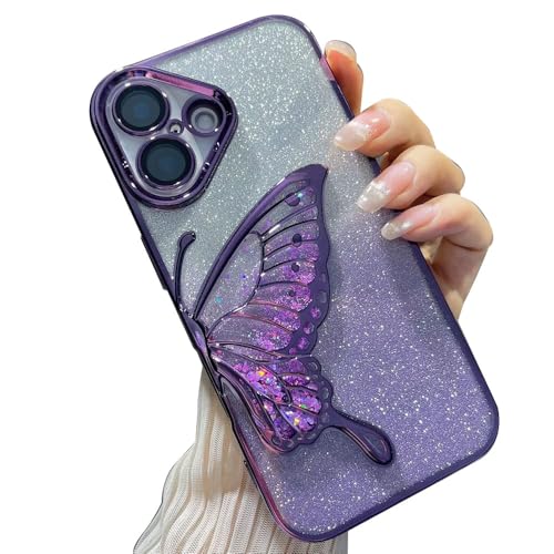 Image of mobistyle Designed for iPhone 16 Plus Cover | Glitter Cute Butterfly | Electroplate Plating Design | Back Cover Case for Women Teen Girls [ Silicone | Purple]