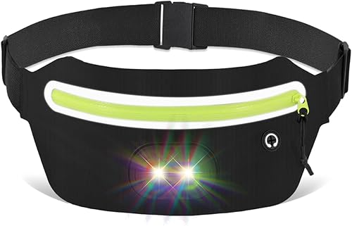 Riñonera delgada para hombres y mujeres, riñonera con luz nocturna RGB recargable extraíble y cinta reflectante, bolsa para correr con agujero para