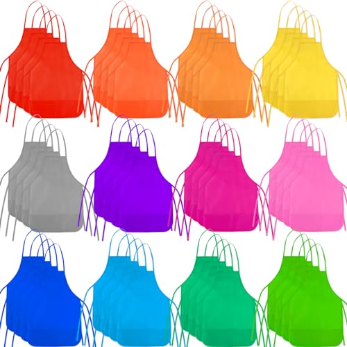 BOUBONI Delantales de pintura para niños, 48 piezas, 12 colores, delantales de arte para niños con 2 bolsillos espaciosos para actividades de pintura artística, manualidades de cocina