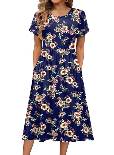 Image of HOTOUCH Women's Summer A-Line Midi Dresses 2026 Casual Floral Short Sleeve T-Shirt Dress Flowy Beach Sundress with Pockets