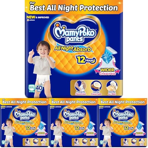 Image of Mamypoko Pants All Night absorbPant Style Baby Diapers (XXL) 40 CountIdeal for 15-25Kgs|All Night Absorption|Wider Crisscross Sheet|Gentle Coco Care12hr Leakage Protection Prevents Heaviness.
