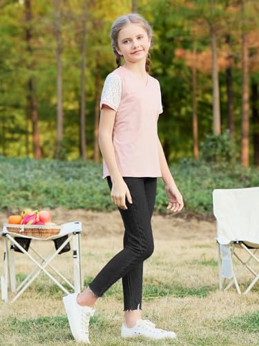 Image of GORLYA Girls Lace Sheer Sleeve Contrast T-Shirt Short Sleeve V Neck Casual Modest Tee Tops for 6-16Y