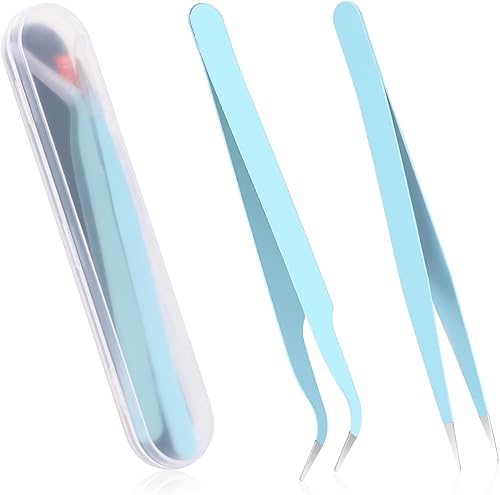 Pinzas para pestañas para mujer, 2 piezas de acero inoxidable de punta recta y curvada, juego de pinzas puntiagudas, pinzas adhesivas para